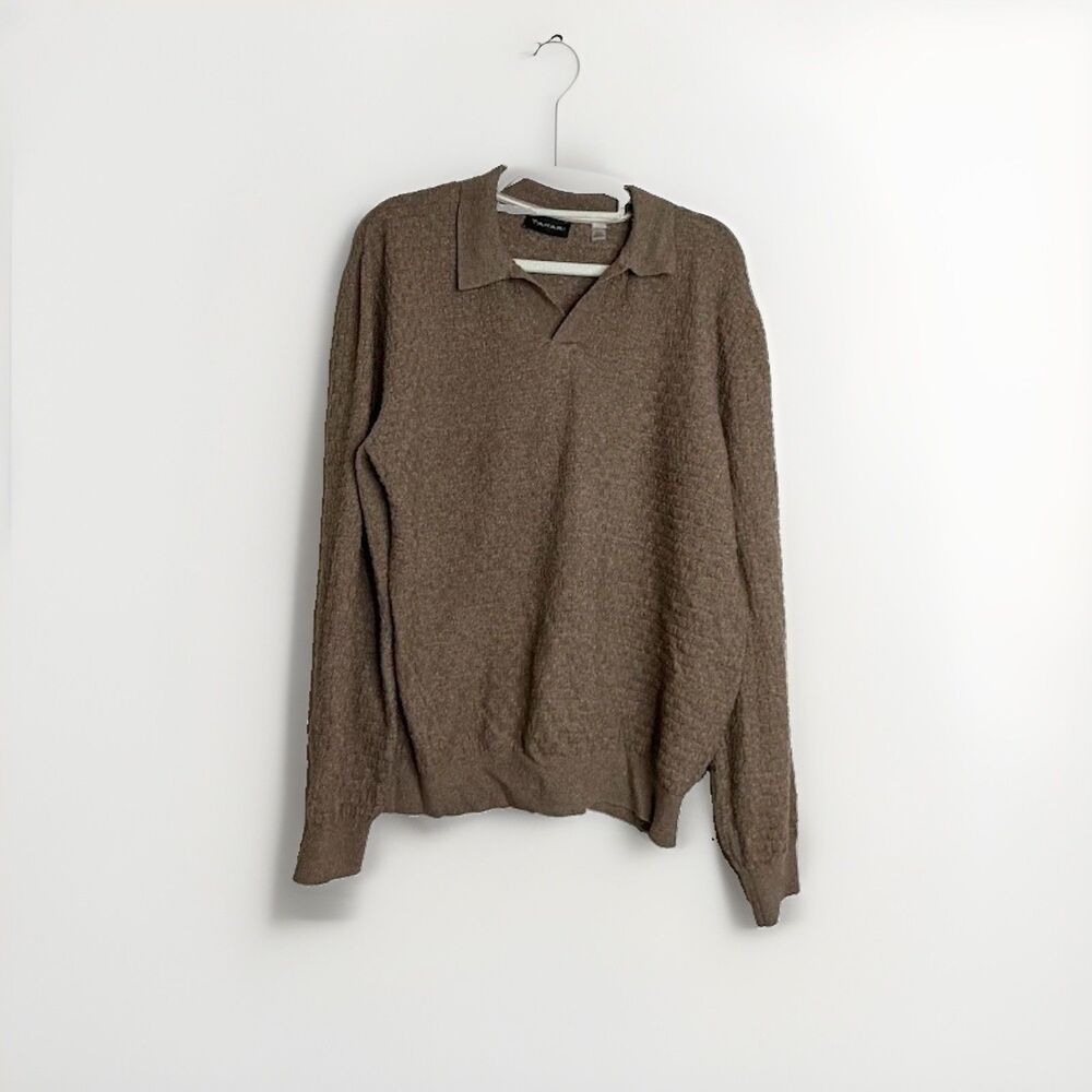 Tahari Mens Brown Basketweave Textured Knit Long Sleeve V-Neck Polo Sweater Sz M